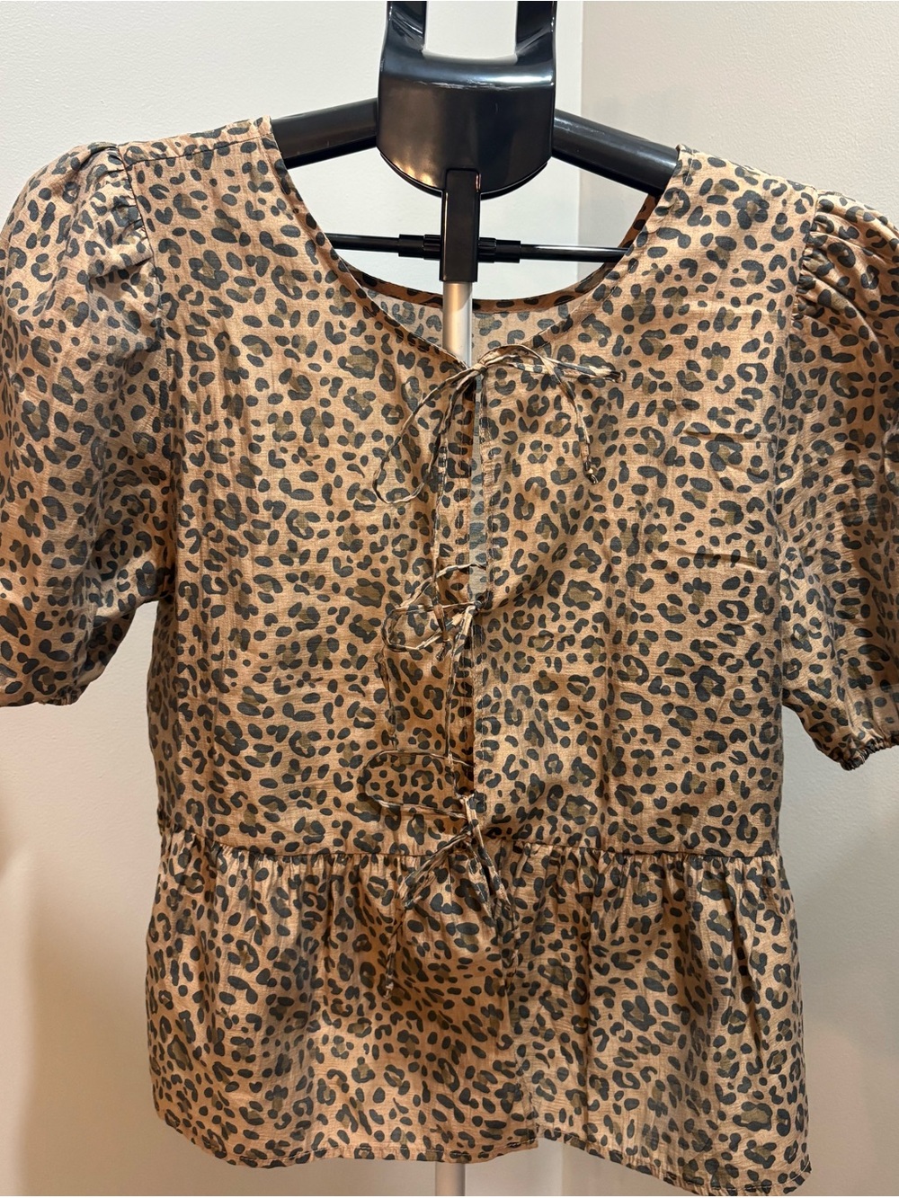 American Eagle Outfitters Leopard Print Tie-Front Peplum Top - Tan & Black